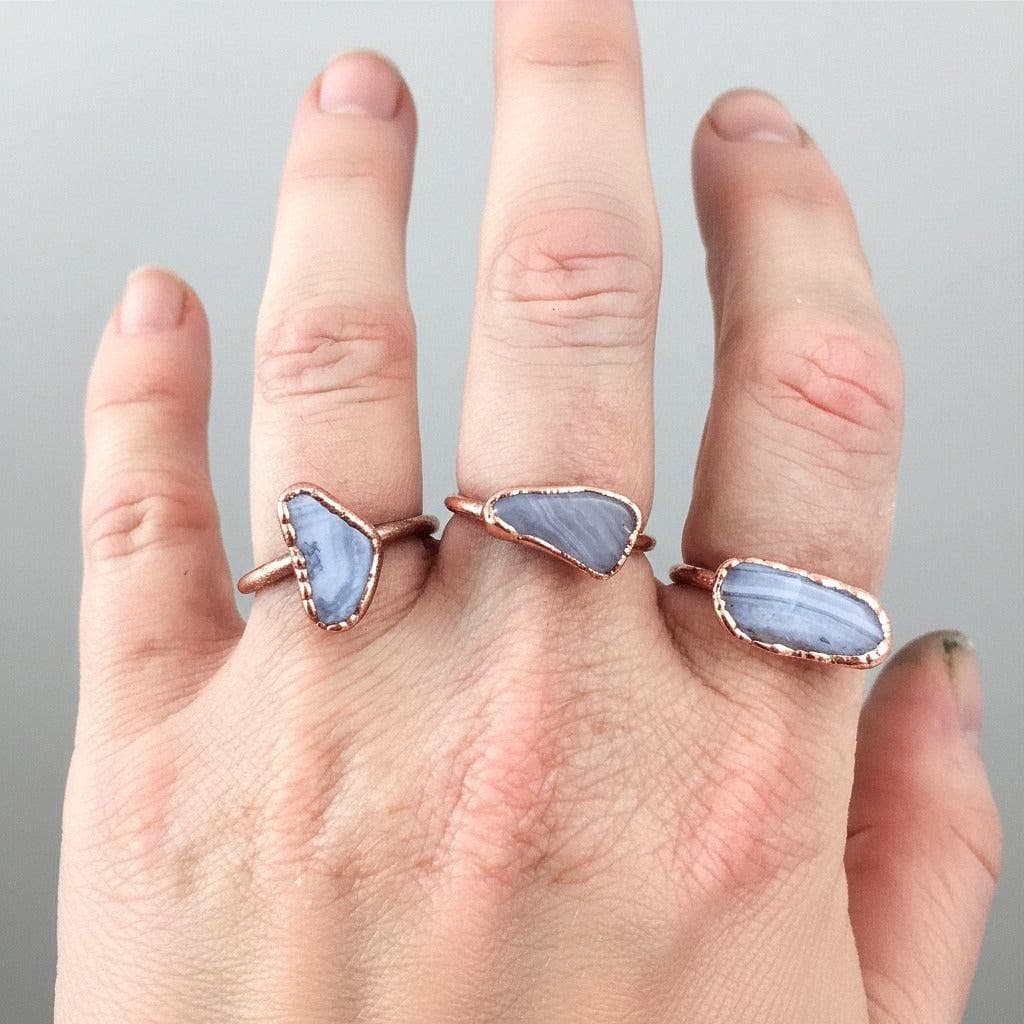 Tumbled Blue Lace Agate Ring, Electroformed Copper Jewelry, Bright Copper - BlackbirdSageStudio
