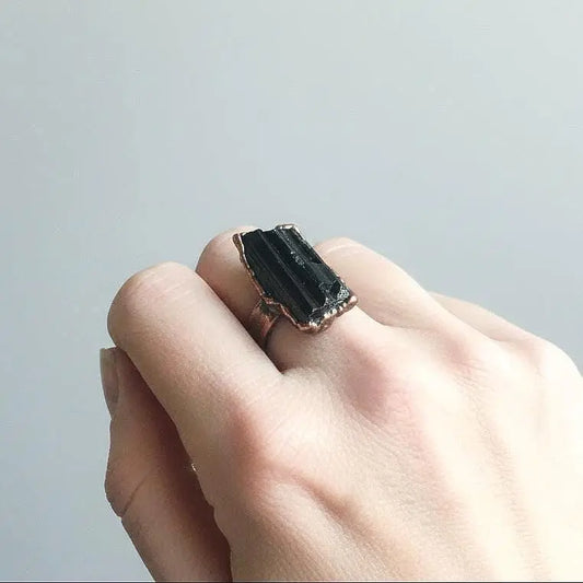 Large Black Tourmaline Ring | Statement Ring | 1-1.5" Stone | Wide Band | Electroformed Copper | Grounding Protection - BlackbirdSageStudio