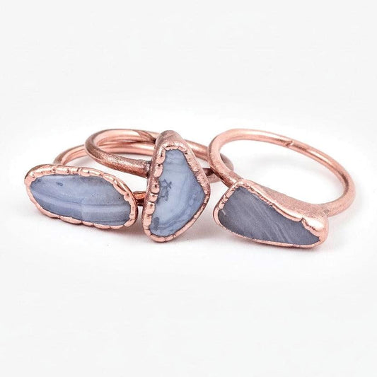Tumbled Blue Lace Agate Ring, Electroformed Copper Jewelry, Bright Copper - BlackbirdSageStudio