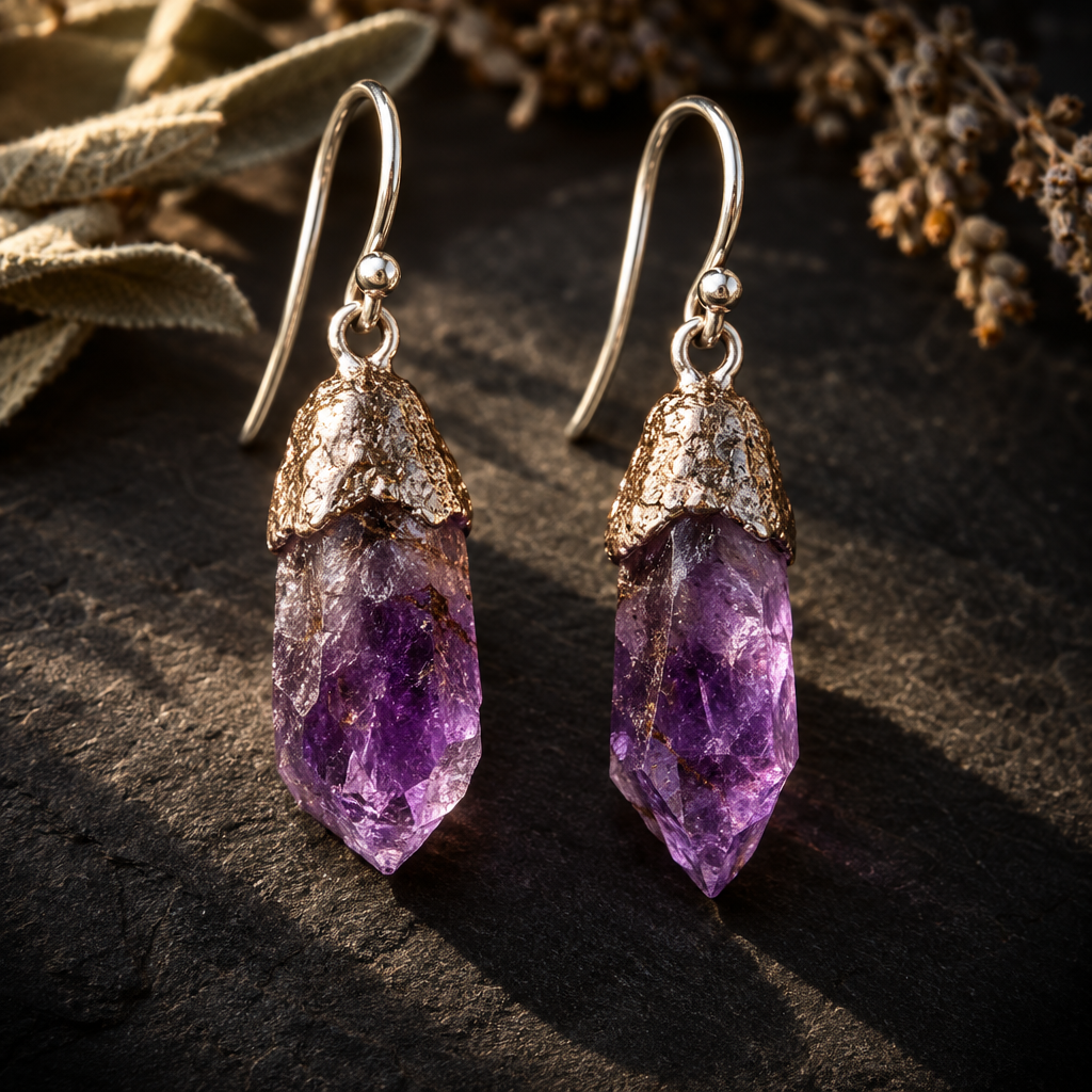 Illustrative raw amethyst point earrings