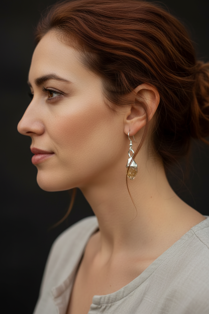 Auburn-haired model wearing silver plated raw citrine dangle earrings