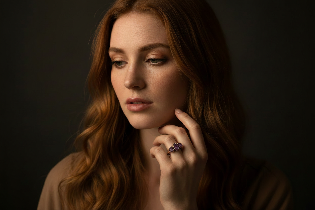 Raw amethyst three stone ring brand model lifestyle shot
