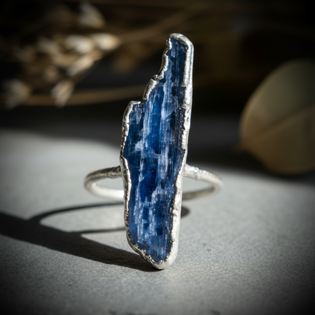 Raw blue kyanite blade ring in silver plated electroformed copper, hero close-up on light grey slate