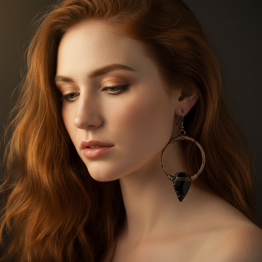 Obsidian Copper Hoop Earrings — Model No Hand