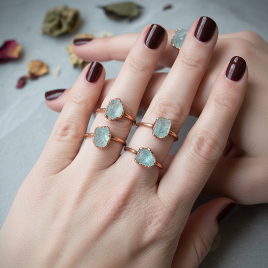 Raw Aquamarine Ring Multi Hand Shot