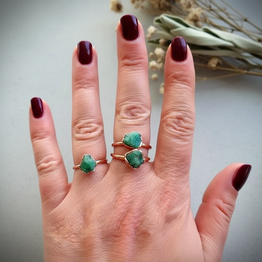 Raw Emerald Ring Hand Shot Top Down