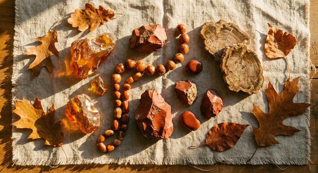A warm, golden-lit flat lay of amber, red jasper, and petrified wood stones arranged on linen cloth with dried autumn leaves in earthy ochre and sienna tones.