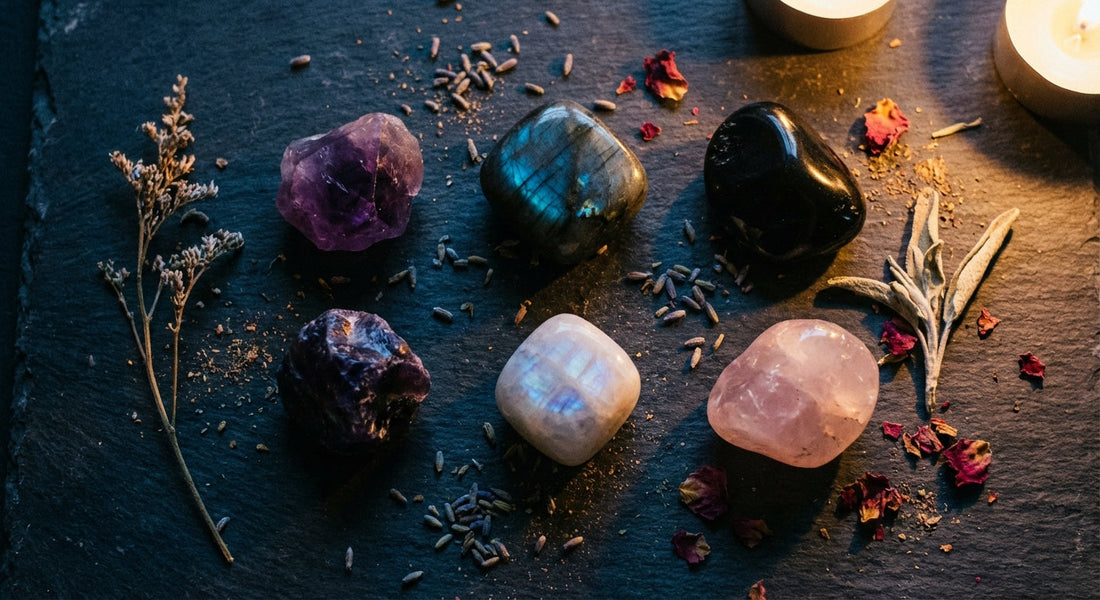 A candlelit flat lay of raw and polished gemstones in deep jewel tones arranged on dark slate with dried botanicals, evoking ritual and intuitive crystal selection.