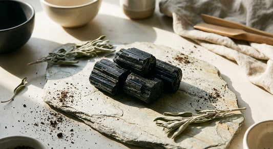 Raw black tourmaline crystals arranged on grey slate with dried sage sprigs in soft natural side lighting.
