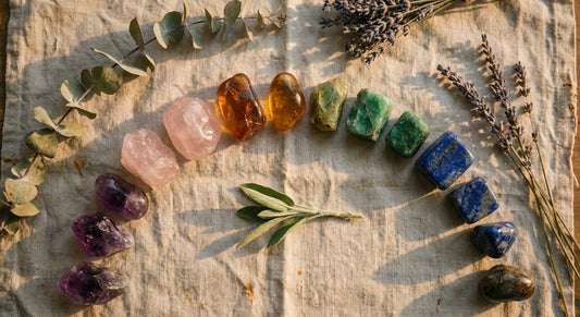 A flat lay of colorful raw and polished gemstones arranged with dried botanicals and sage on aged linen, bathed in warm golden light.