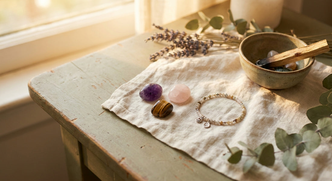 A warm, sunlit wooden desk styled with polished gemstones, a handcrafted gemstone bracelet, dried botanicals, and a small ceramic dish arranged on linen cloth, evoking a mindful morning intention ritual.