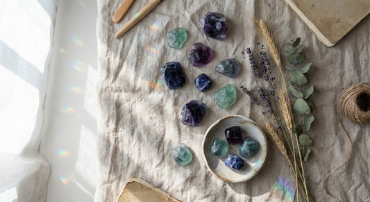 A soft, natural-light studio flat lay of raw and polished fluorite and sodalite crystals arranged on linen with dried botanicals and a small ceramic dish.