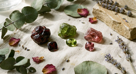 Three gemstones — a deep red garnet, olive-green peridot, and rose-toned spinel — rest on aged linen surrounded by dried botanicals in soft natural light.