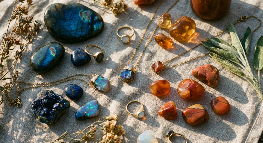 A warm, golden-lit flat lay of colorful gemstones and handcrafted jewelry pieces arranged with dried botanicals on a textured linen surface.