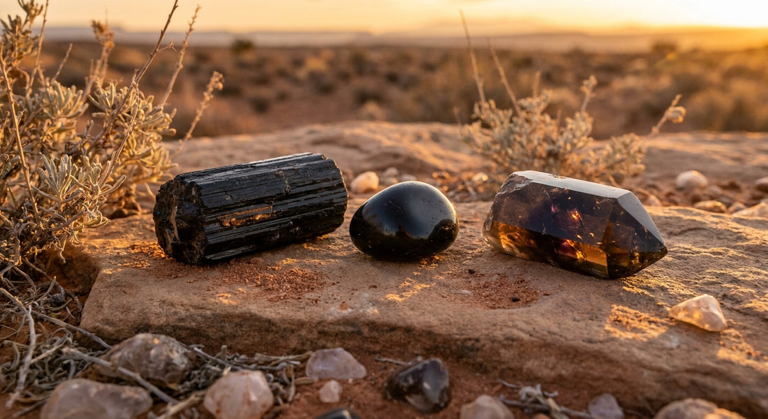 Three dark grounding crystals — black tourmaline, obsidian, and smoky quartz — arranged on weathered desert sandstone surrounded by dried sage in warm golden light.