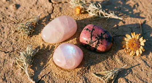 Three pink gemstones — rose quartz, rhodonite, and pink moonstone — arranged on a weathered adobe surface with dried sage and desert botanicals in warm golden light.