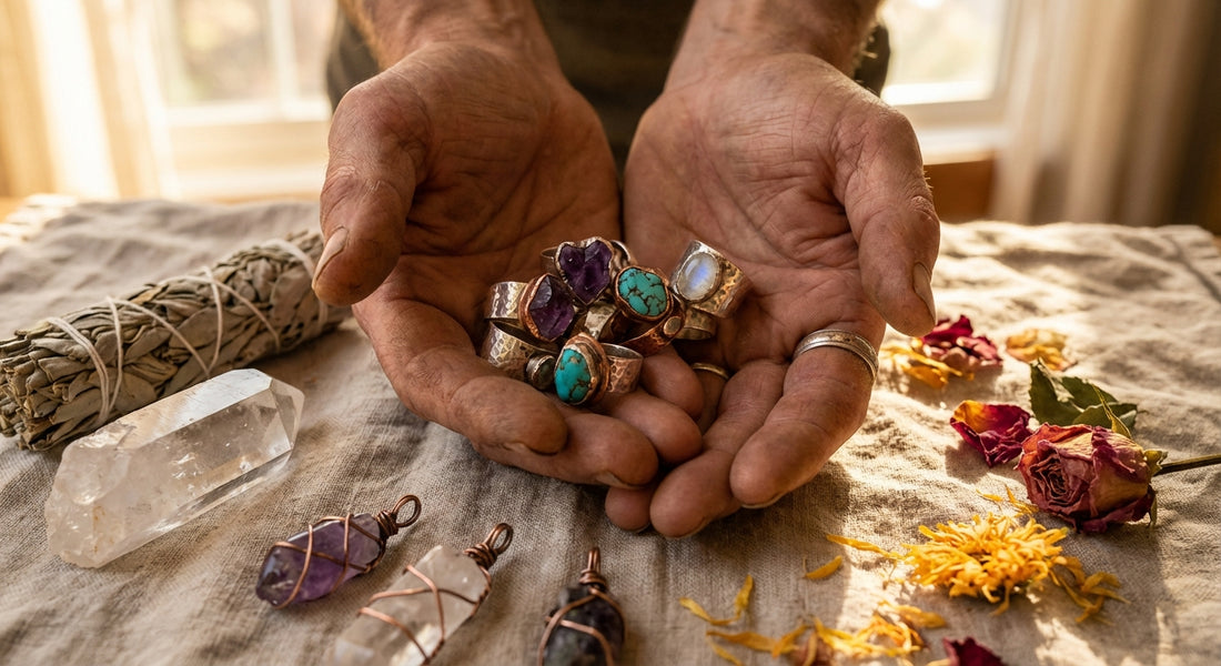 A pair of hands tenderly holding handmade gemstone jewelry surrounded by sage, crystals, and dried petals in warm golden light.