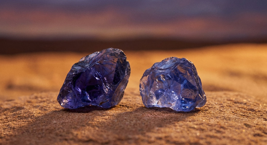 Two blue-violet gemstones, iolite and tanzanite, resting on warm sandstone in the soft golden-violet light of desert dusk.