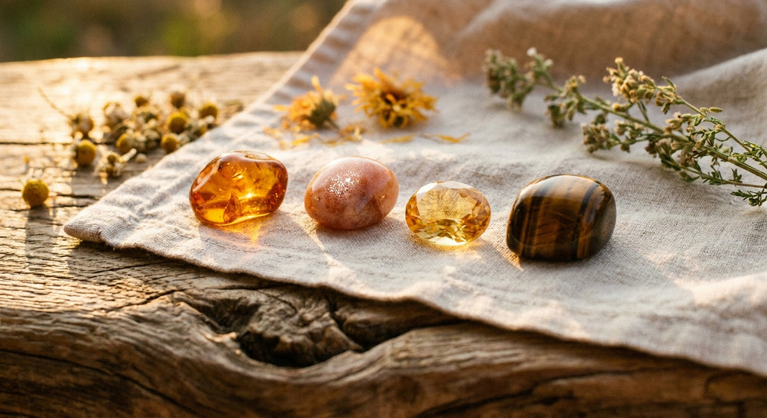 Four warm golden gemstones — amber, sunstone, citrine, and tiger's eye — arranged on sun-lit linen with dried herbs, evoking a summer solstice ritual.