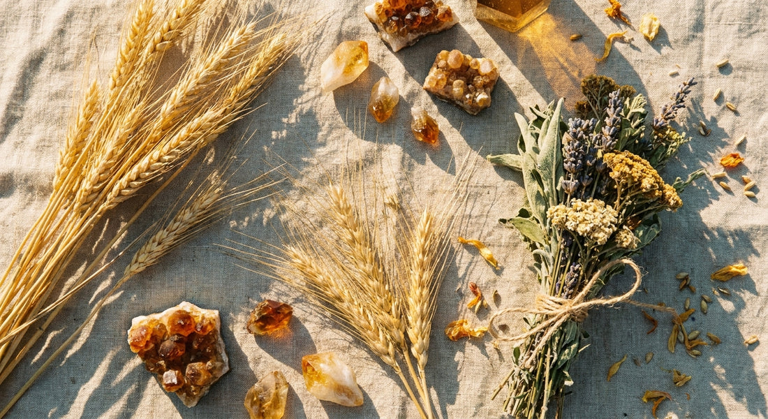 A golden flat lay of wheat stalks, amber crystals, and dried herb bundles on worn linen, bathed in warm late-summer light.