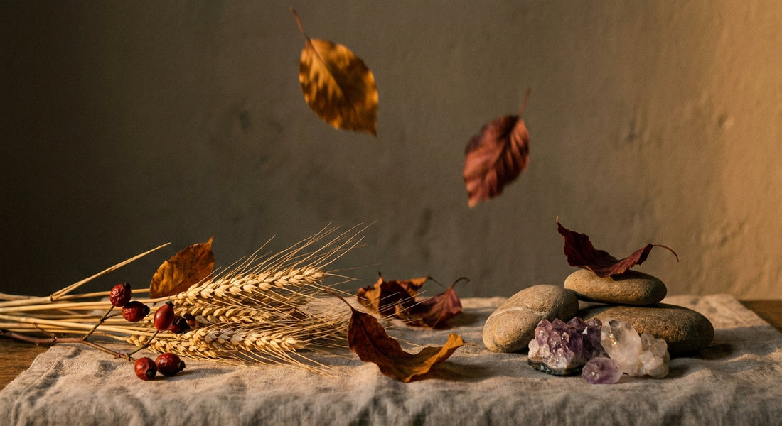 A sparse autumn still life of dried wheat, rosehips, fallen leaves, and raw crystals arranged on linen in warm golden light, with one leaf suspended mid-fall against a dark background.