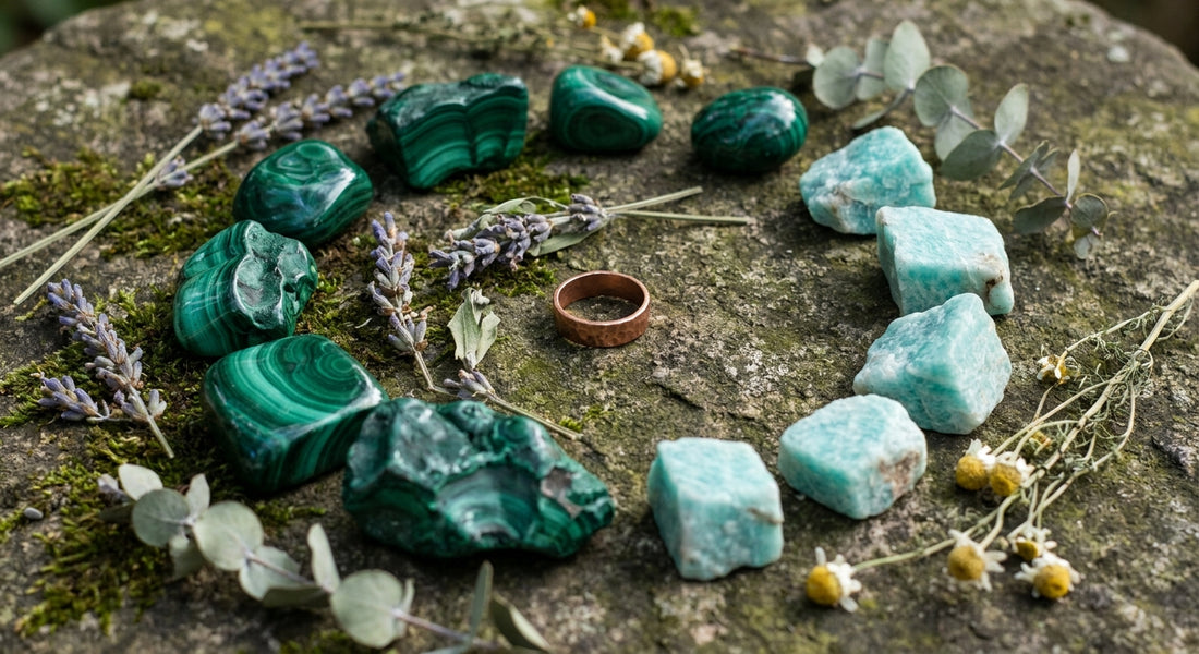 Raw malachite and amazonite crystals arranged with dried botanicals and a handcrafted copper ring on a weathered stone surface in soft natural light.