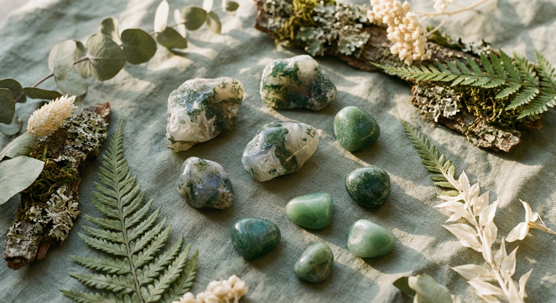 A serene flat-lay of moss agate and green aventurine stones arranged with dried botanicals and lichen-covered bark on weathered linen, bathed in soft natural light.