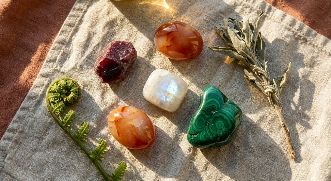 A soft morning-lit flat-lay of ruby, carnelian, moonstone, and malachite crystals arranged on weathered linen with dried sage and a fern frond, evoking new beginnings and intentional living.