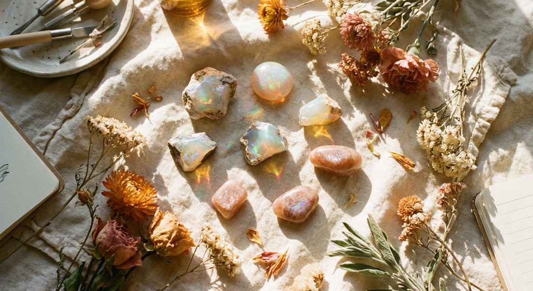 Raw and polished opal and sunstone gemstones glowing in warm golden light, arranged with dried wildflowers and sage on a linen cloth.