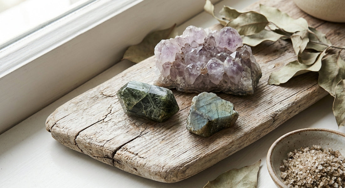 Raw, unpolished gemstones with natural inclusions and asymmetric edges resting on weathered driftwood in soft, diffused natural light.
