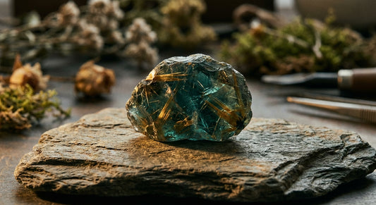 A single raw gemstone resting on natural slate, lit to reveal its interior inclusions and surface veining in warm, intimate light.
