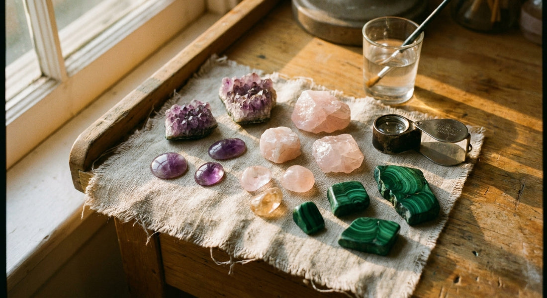 An intimate flatlay of raw and polished gemstones arranged with a jeweler's loupe and glass of water on a linen cloth atop a worn wooden workbench, lit by warm golden window light.