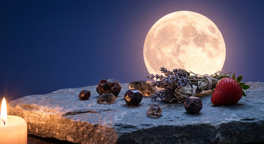 A luminous full moon glows over a stone surface arranged with smoky quartz crystals, dried herbs, and a ripe strawberry in a quiet, candlelit ritual scene.