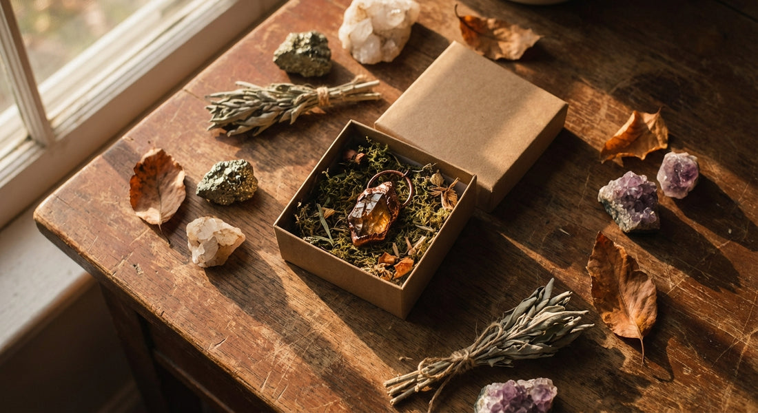 An open artisan subscription box revealing a copper crystal pendant surrounded by raw minerals, dried botanicals, and autumn leaves on a rustic wooden surface in warm golden light.