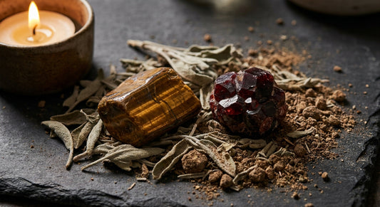 Two raw gemstones, a golden tiger's eye and a deep red garnet, rest together among dried sage on a dark slate surface bathed in warm candlelight.