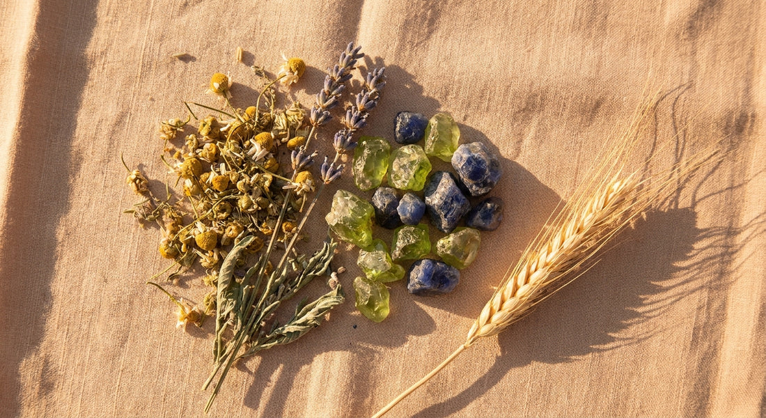 A sun-warmed flat lay of dried chamomile, lavender sprigs, raw peridot and sapphire crystals, and a wheat stalk arranged on aged linen in soft golden light.