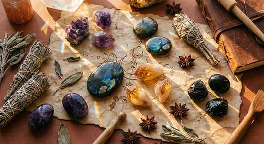 A warm golden-lit flat lay of raw and polished gemstones resting among dried sage and star anise on aged parchment in a rustic studio setting.
