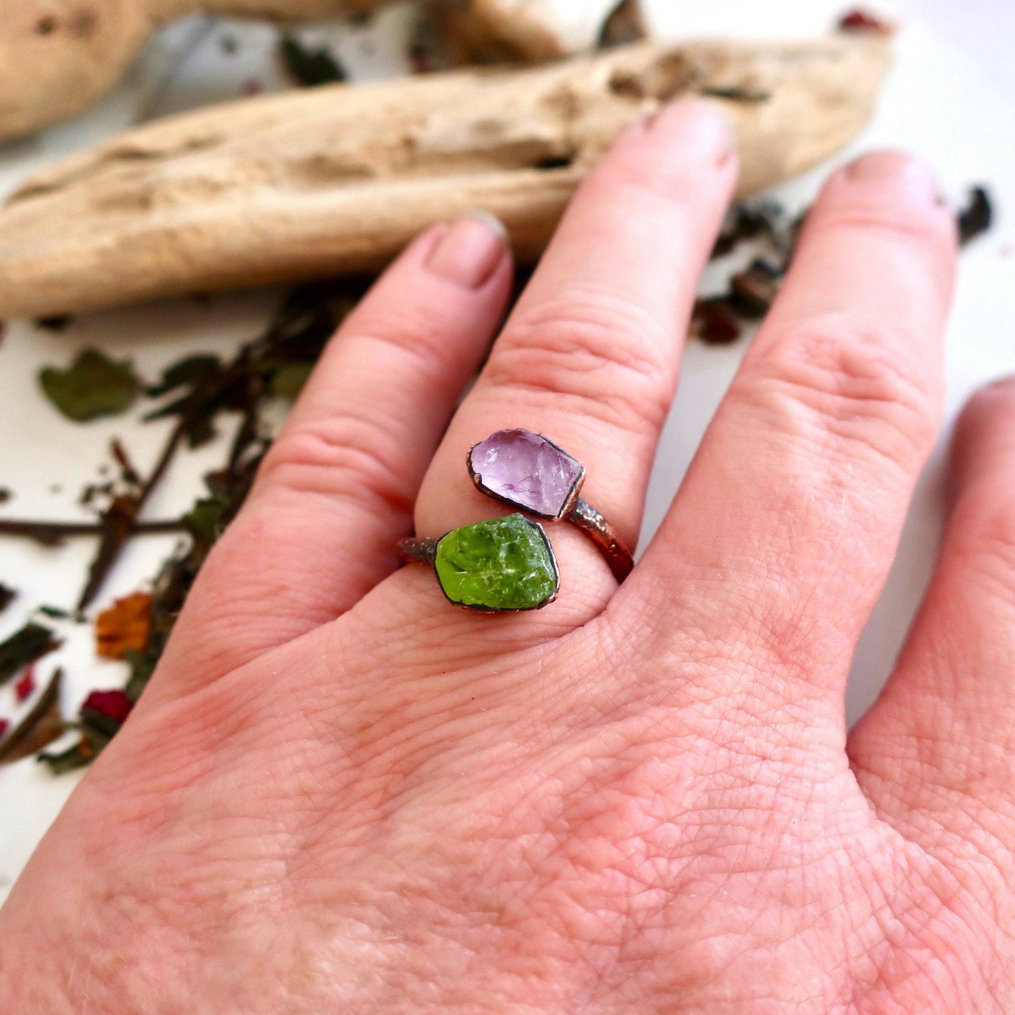 Unique Peridot and Amethyst Open Ring in Copper Design - Blackbird & Sage Jewelry