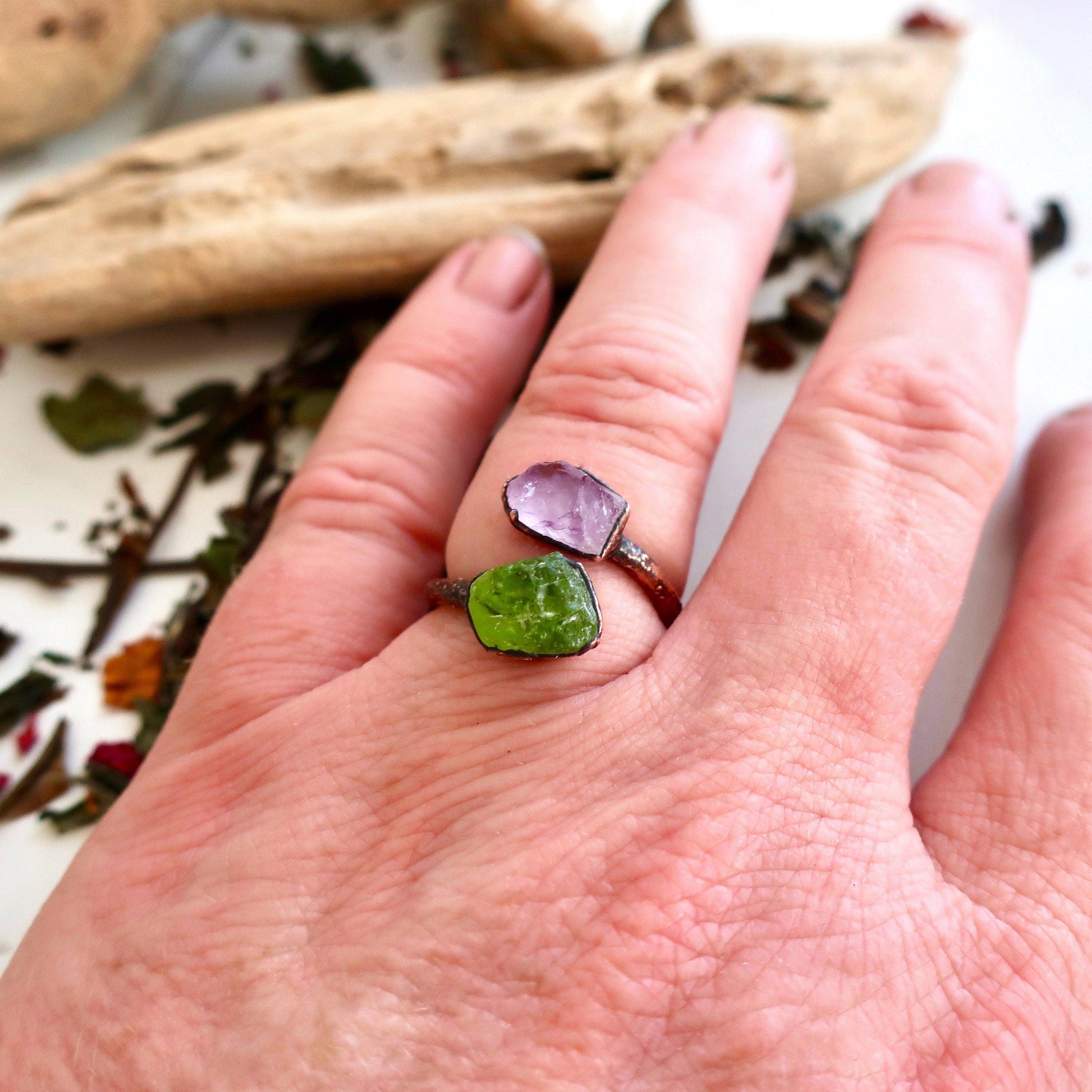 Unique Peridot and Amethyst Open Ring in Copper Design - Blackbird & Sage Jewelry