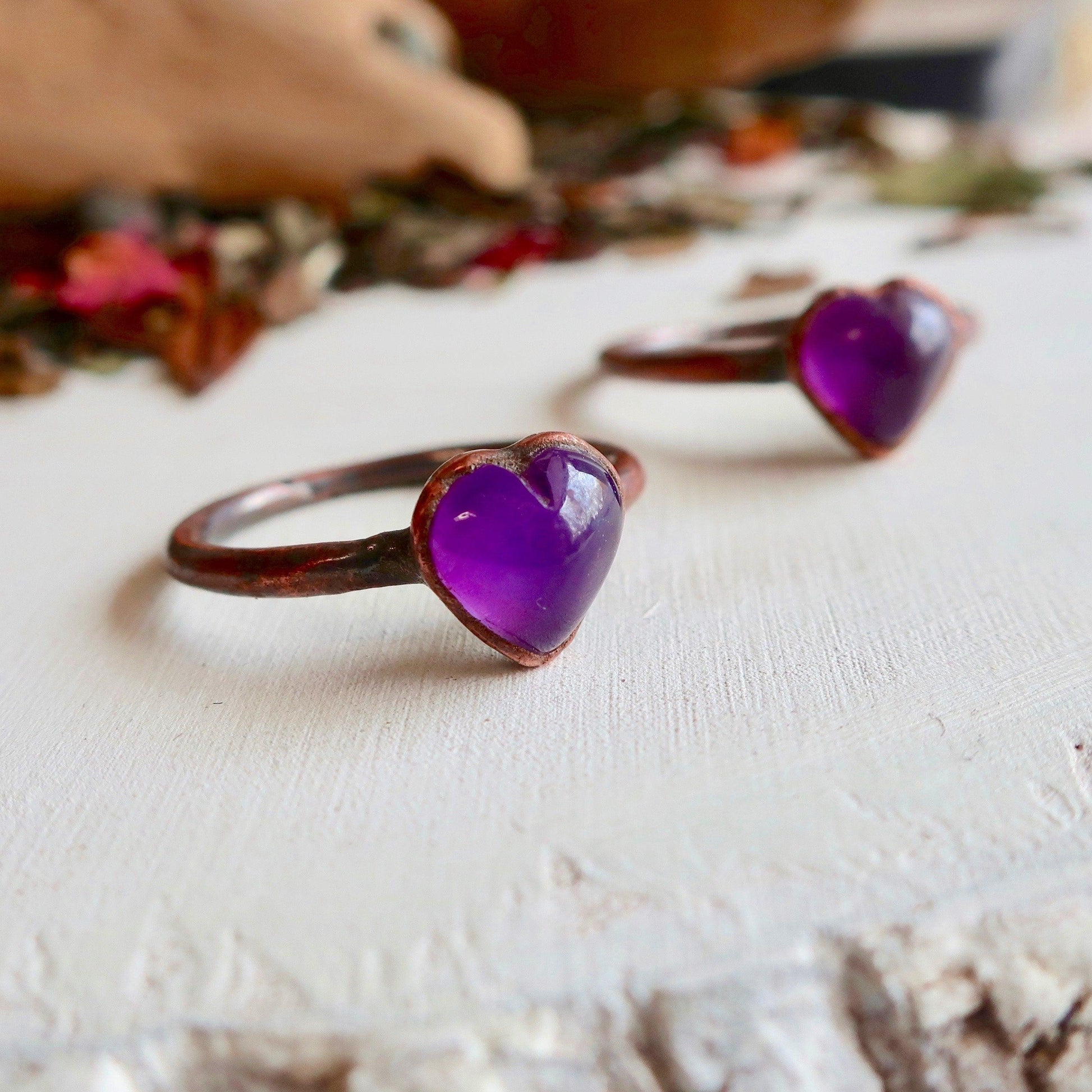 Handmade Amethyst Heart Ring in Pure Copper Design Unique Gemstone Accessory - Blackbird & Sage Jewelry