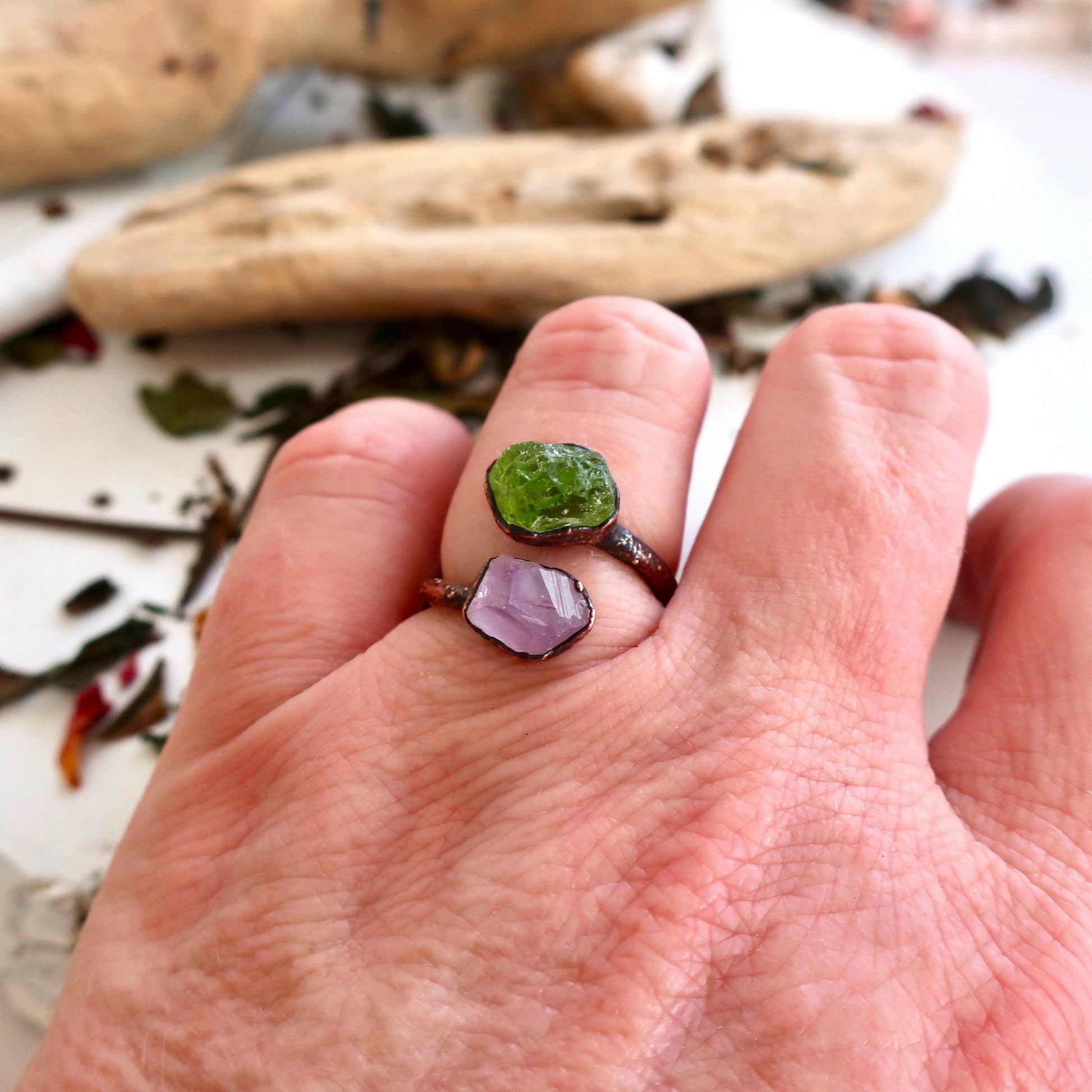 Unique Peridot and Amethyst Open Ring in Copper Design - Blackbird & Sage Jewelry
