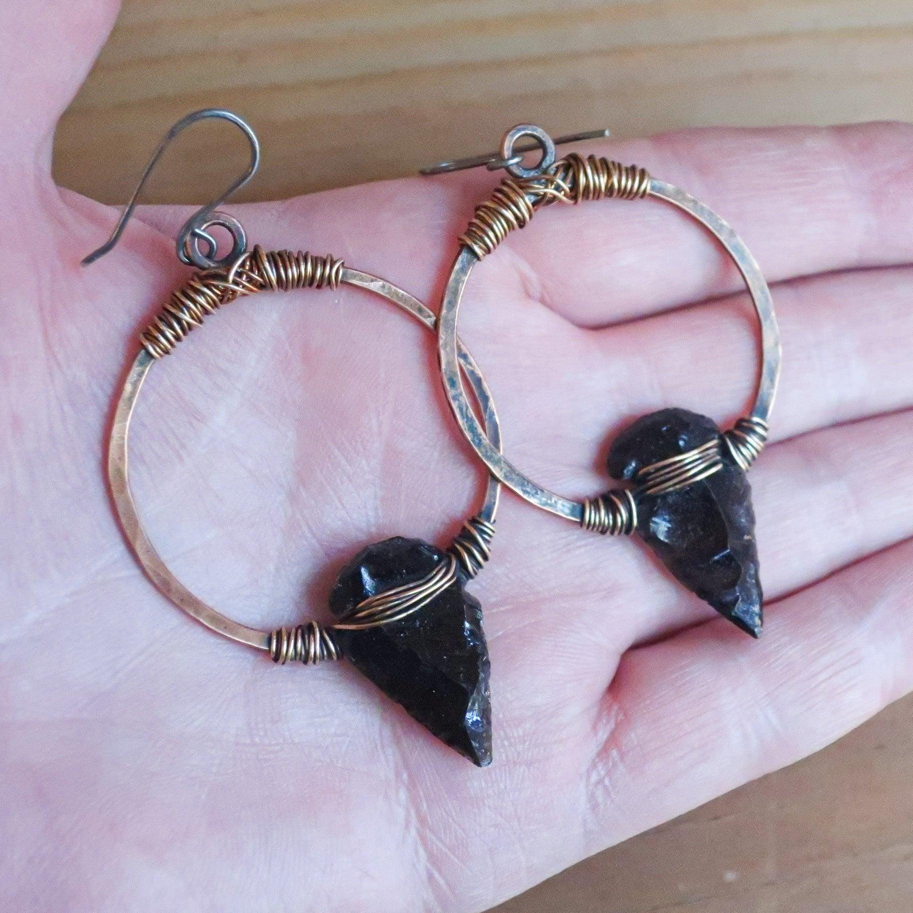 Black Obsidian Arrowheads on Copper Hoops Earrings - Blackbird & Sage Jewelry
