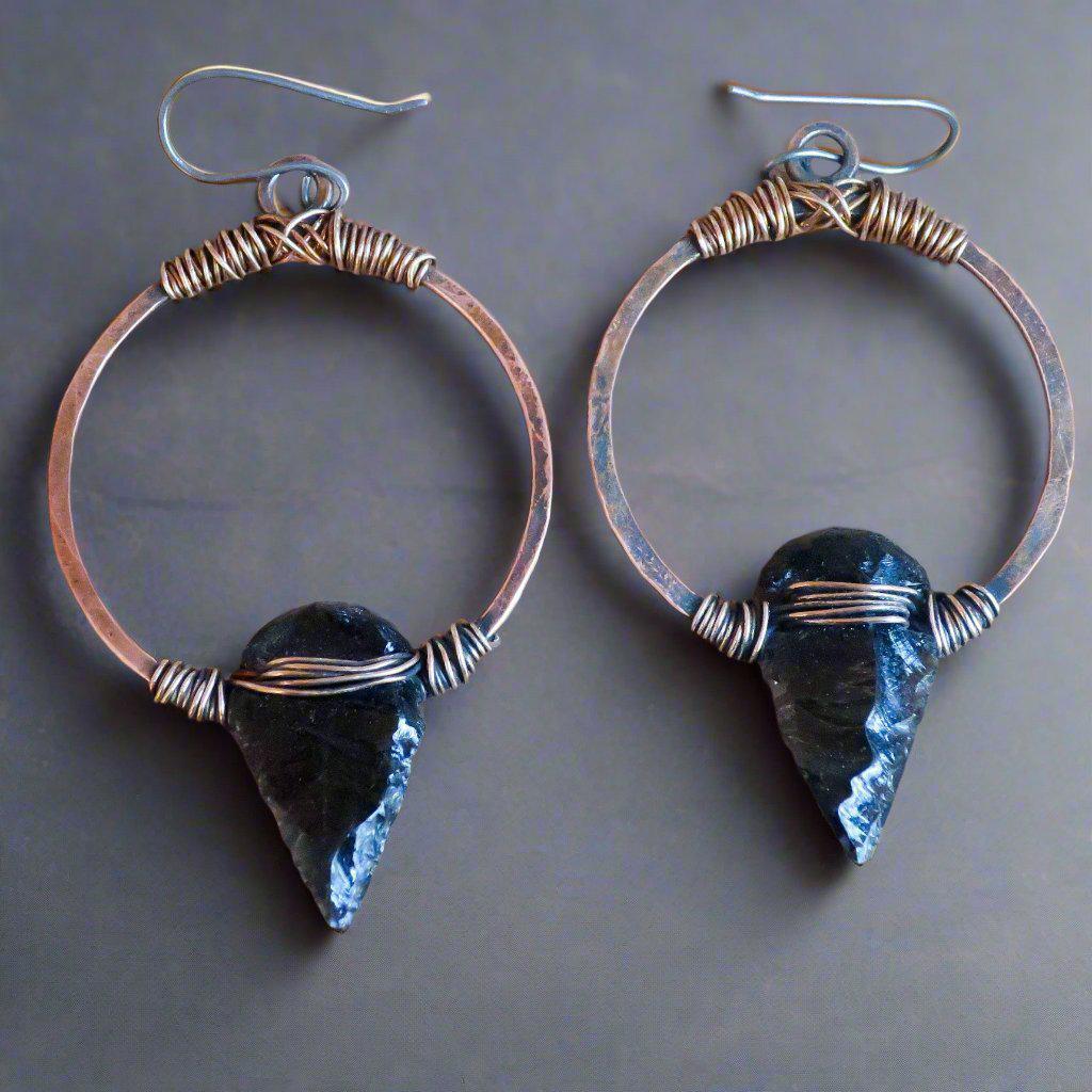 Black Obsidian Arrowheads on Copper Hoops Earrings - Blackbird & Sage Jewelry