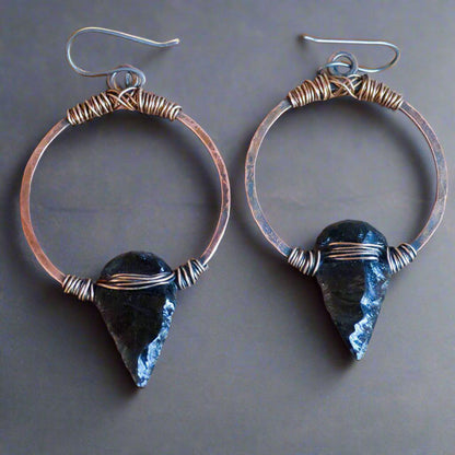 Black Obsidian Arrowheads on Copper Hoops Earrings - Blackbird & Sage Jewelry