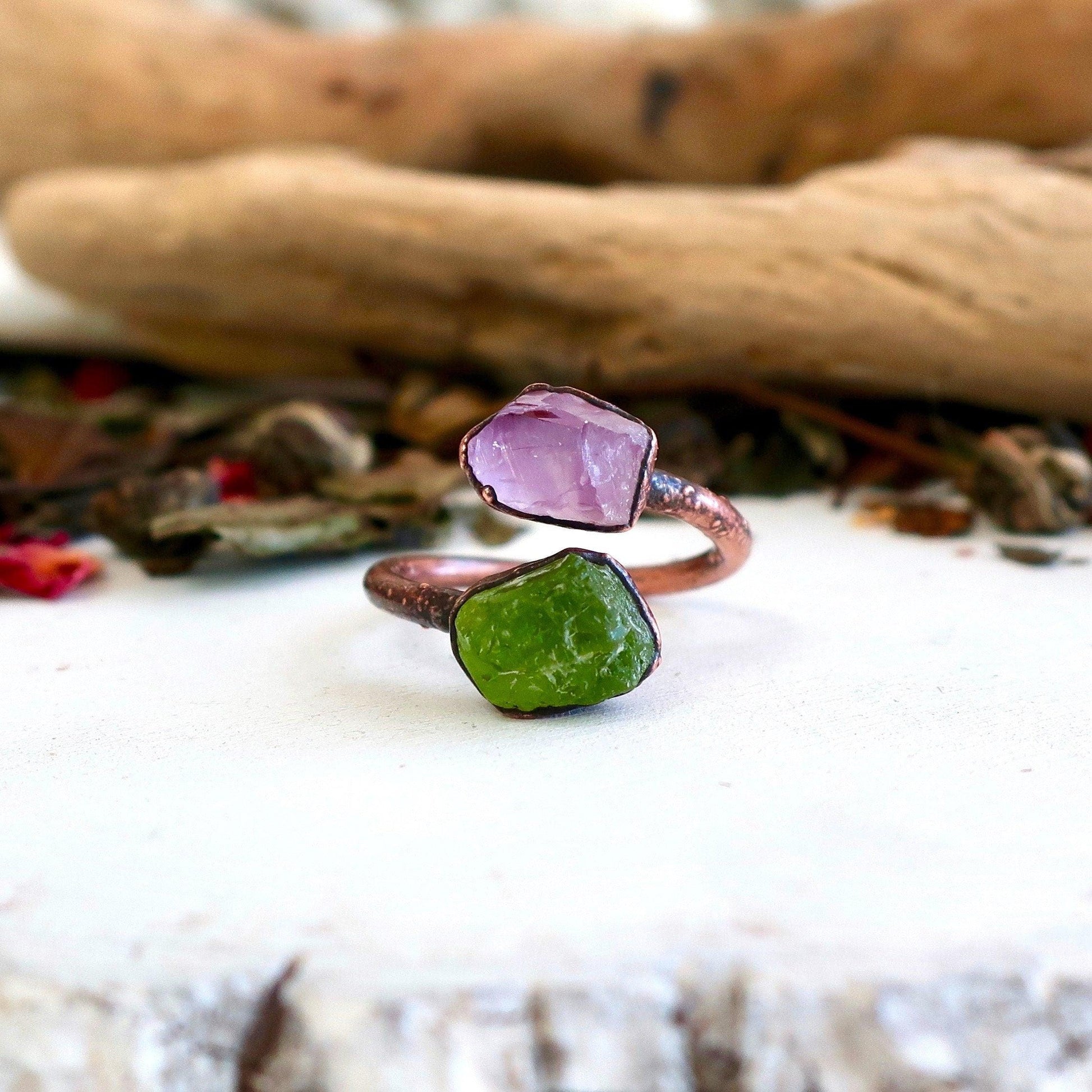 Unique Peridot and Amethyst Open Ring in Copper Design - Blackbird & Sage Jewelry