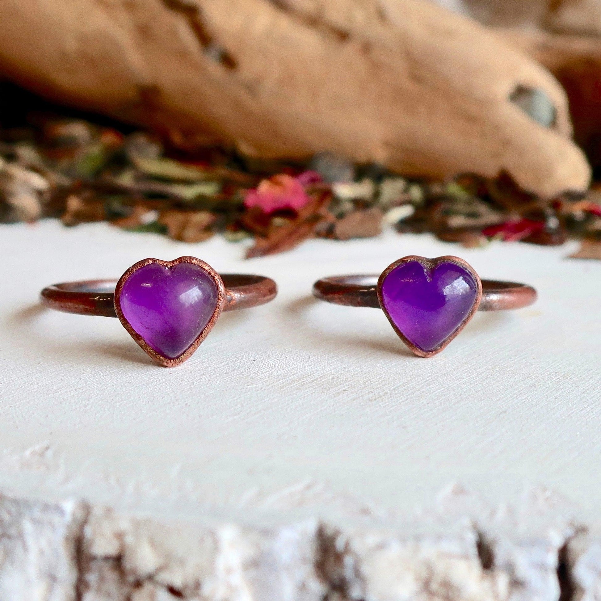 Handmade Amethyst Heart Ring in Pure Copper Design Unique Gemstone Accessory - Blackbird & Sage Jewelry