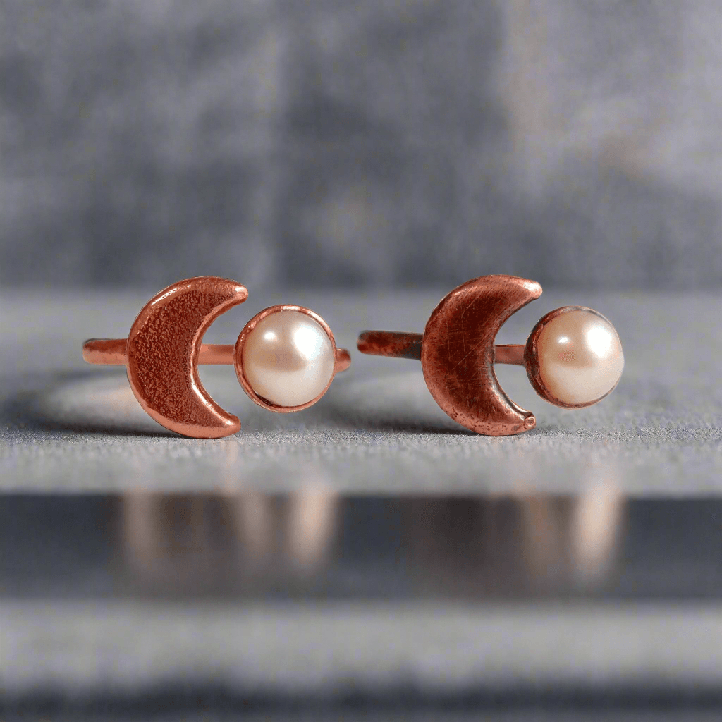 Pearl Crescent Moon Open Ring in Unique Copper Design - Blackbird & Sage Jewelry