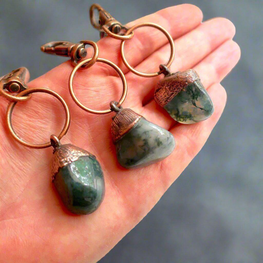 Handmade Moss Agate Keychain in Electroformed Copper Charm for Prosperity - Blackbird & Sage Jewelry