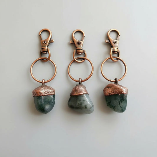 Handmade Moss Agate Keychain in Electroformed Copper Charm for Prosperity - Blackbird & Sage Jewelry