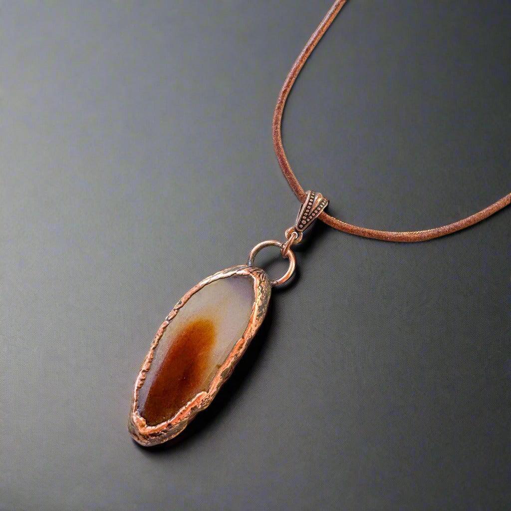 Red Agate Slice Pendant Necklace in Copper & Leather - Blackbird & Sage Jewelry